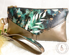 Load image into Gallery viewer, Green & Bronze Floral Wristlet Pouch