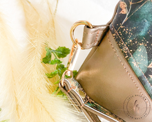Load image into Gallery viewer, Green & Bronze Floral Wristlet Pouch