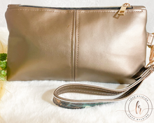 Load image into Gallery viewer, Green & Bronze Floral Wristlet Pouch