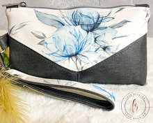 Load image into Gallery viewer, Blue & Grey Floral Wristlet Pouch