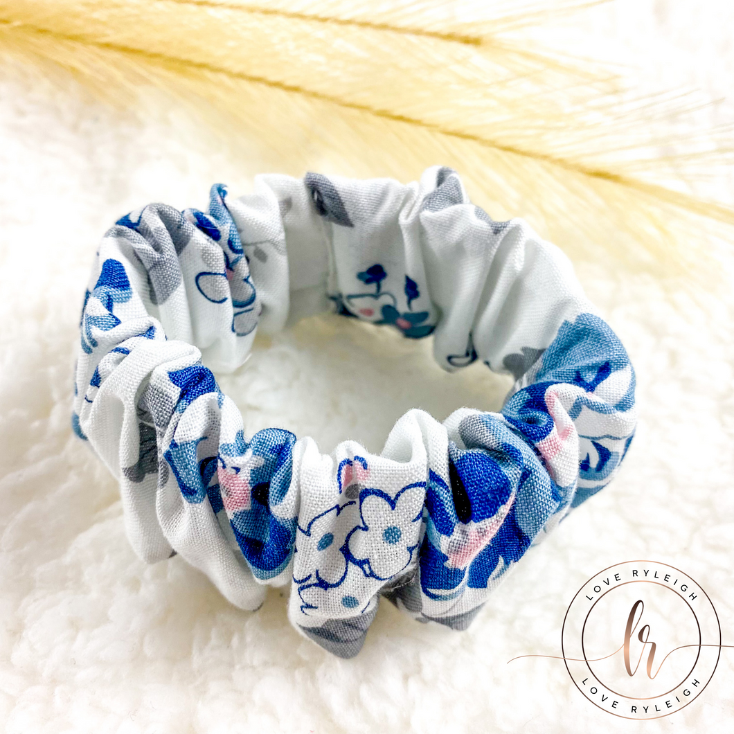 Blue & Grey Floral Scrunchie