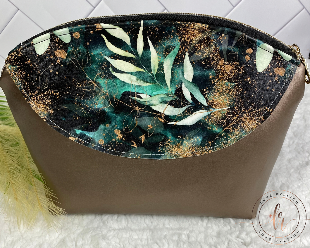 Green & Bronze Floral Cosmetic/Poppy Pouch LARGE SIZE