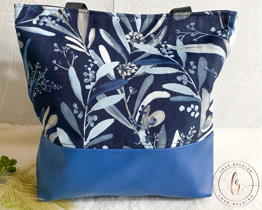 Navy Blue Floral Canvas Tote