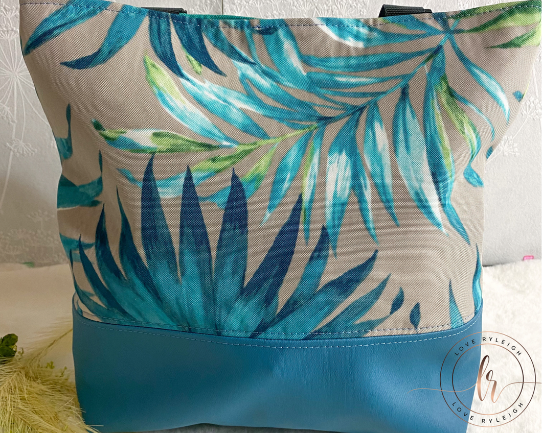 Teal Leaves Canvas Tote